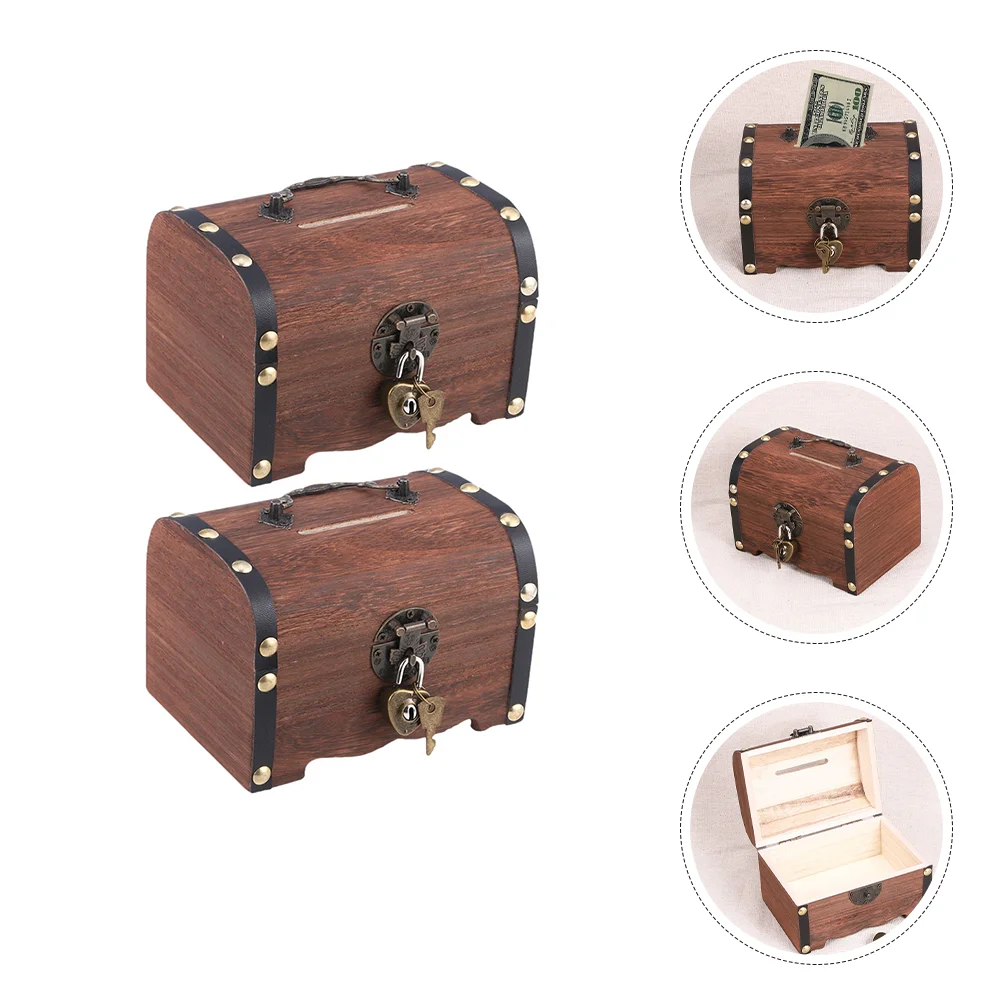 

2 Pcs Vintage Jewelry Case Wood Coin Bank Piggy Retro Wooden Money Jar Treasure