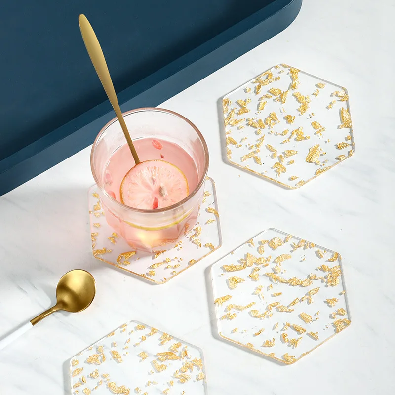 

Drink Coasters Holder Set Cute Coasters for Cup Stand Light Luxury Acrylic Gold Foil Coaster Insulation Pad Coffee Tea Coaster