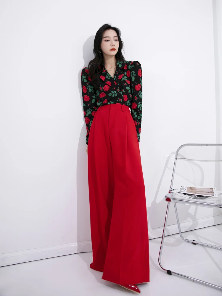 High-End Customization Women Clothing Red High Waist Wide Leg Pants Spring Fall Streetwear Retro Trousers Tall Woman Pantalones