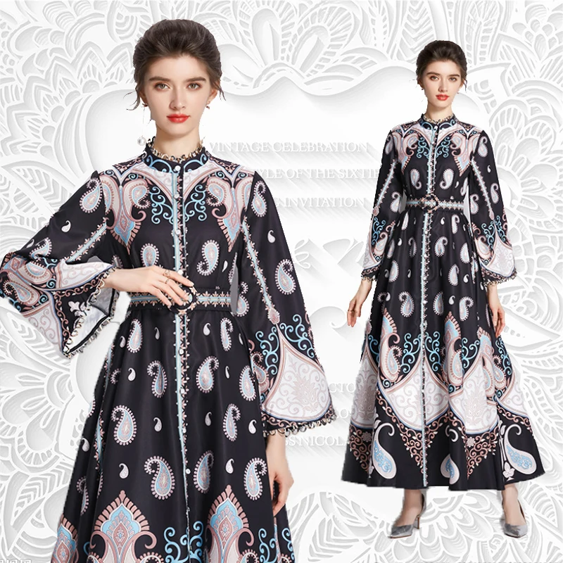 

Spring Summer Women Printing Design Leisure Vintage Holiday Beach Belt Dress Temperament High Quality Long Dress