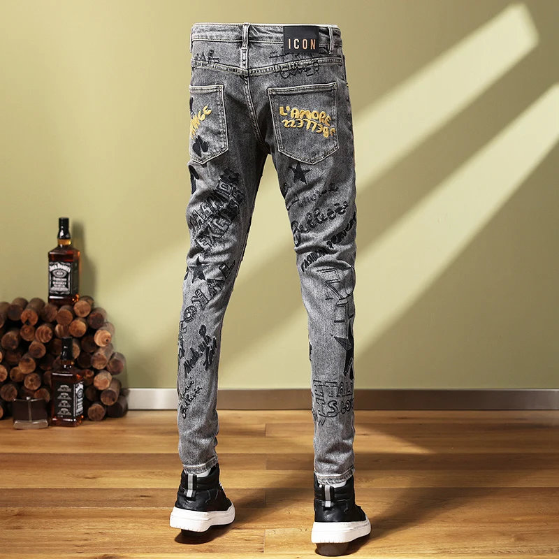 Fashion Designer Men Jeans Retro Gray Elastic Stretch Slim Fit Embroidery Ripped Jeans Men Hip Hop Printed Denim Pants Hombre