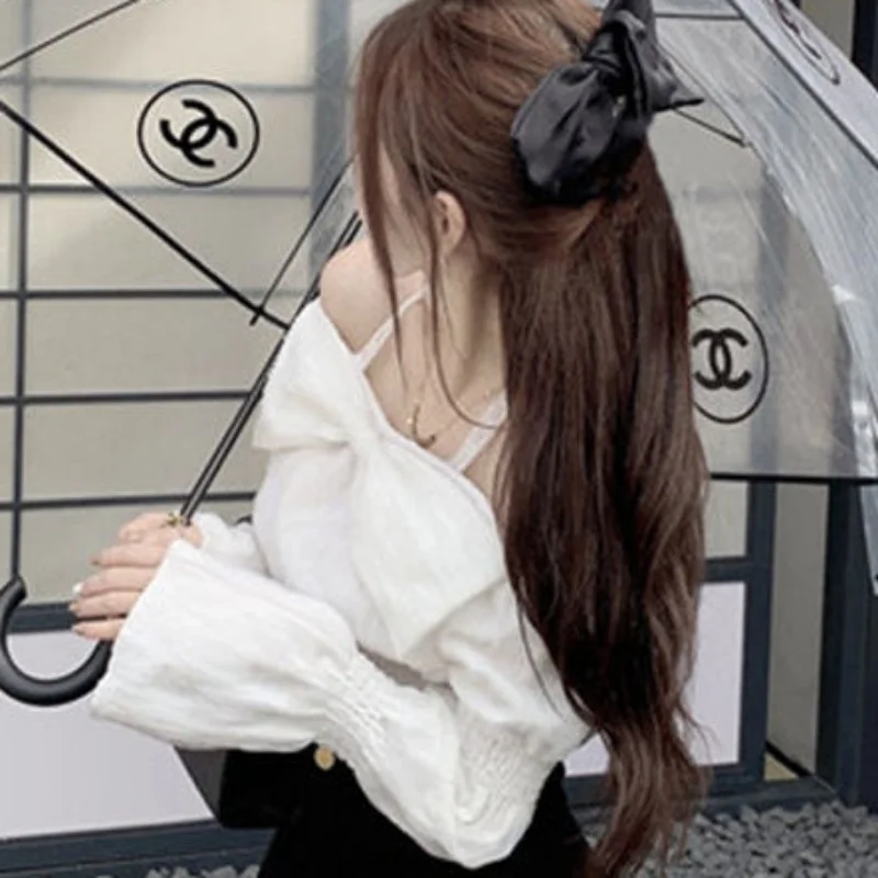 Блузки женские с рукавами-фонариками и бантом белые однотонные милые девичьи