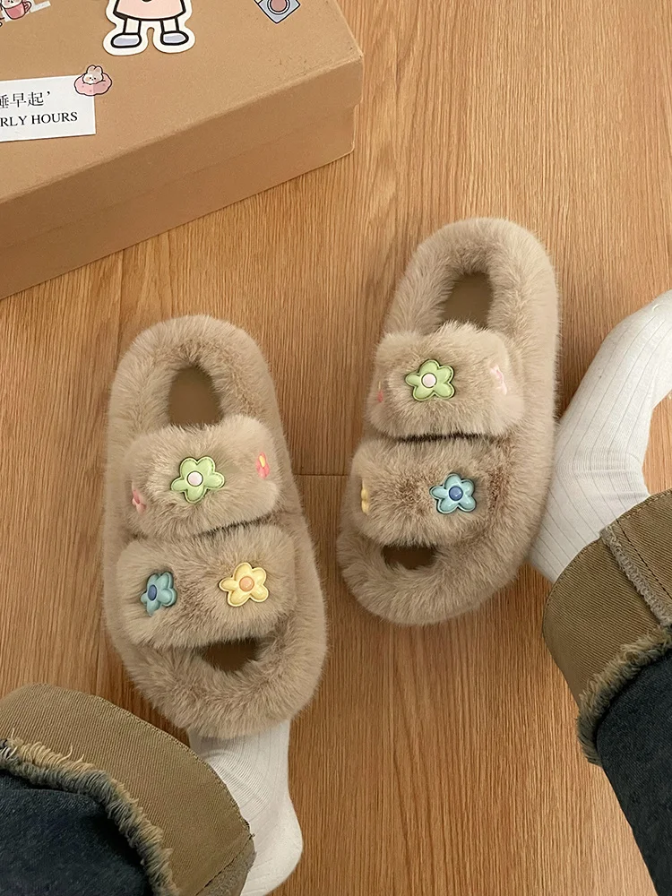 

Шлепанцы женские на плоской подошве, флоковые сандалии с цветами, мех, роскошные плюшевые мягкие, для отдыха, римские, Осенние, 2023