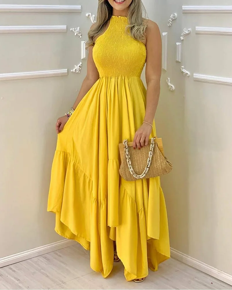 

Shirred Frill Hem Sleeveless Ruched Maxi Dress Long A Line High Waist Shrring Ankle Length Solid Color Loose Dress Summer