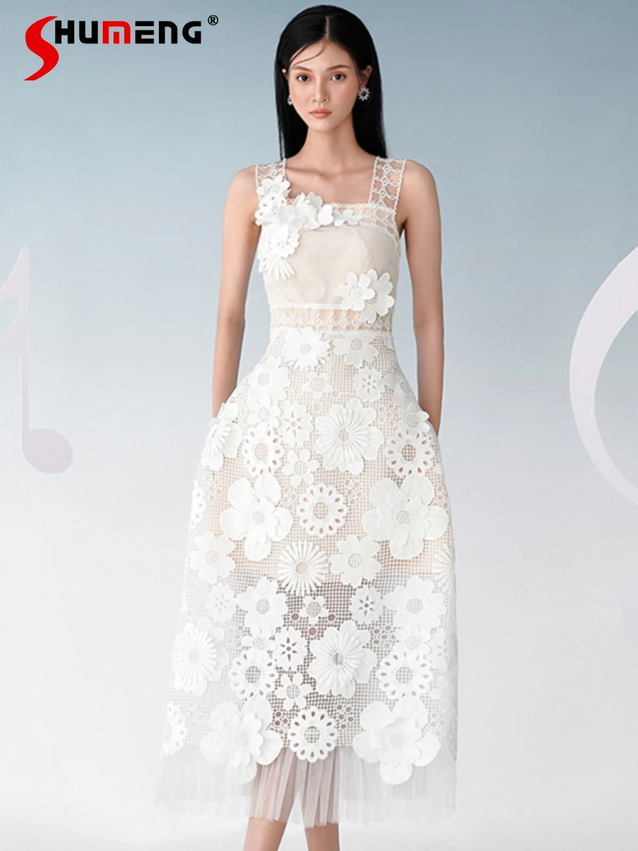 

2022 Summer New Lace Embroidery Hollow Sweet 3D Flower Strap Dress Women High Waist Slimming Banquet Evening Party Maxi Dress