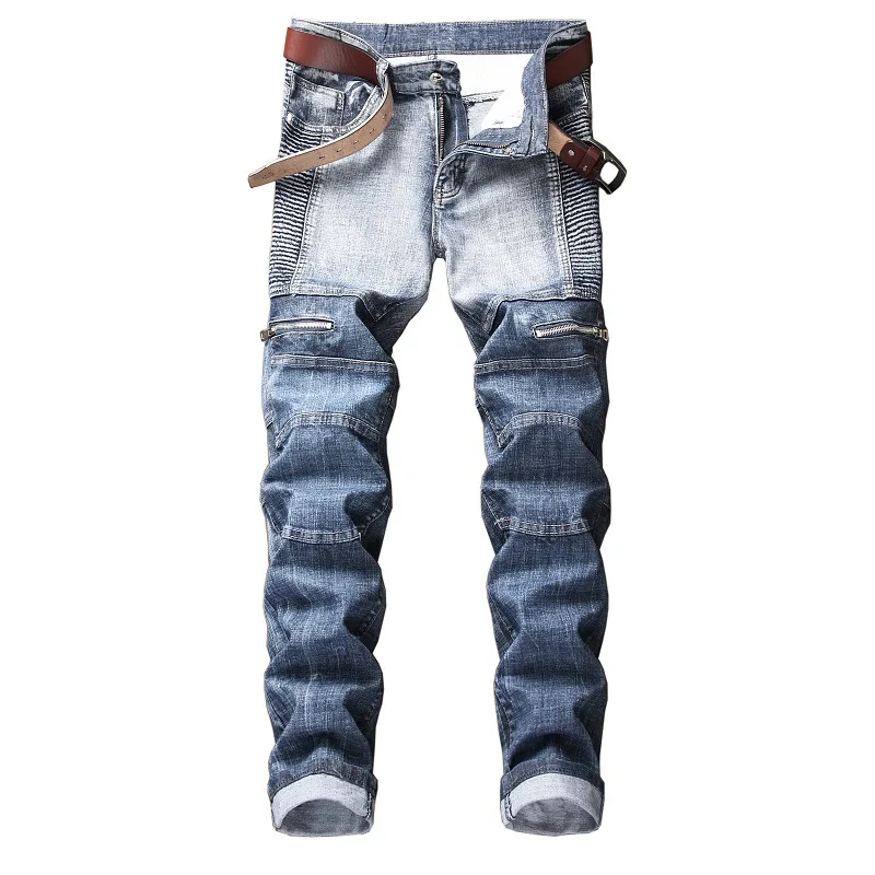 Streetwear Mens Jeans Street Fashion Trend Motorcycle Personality Folded Stretch Jeans Full Length Denim Pants Casual Trousers