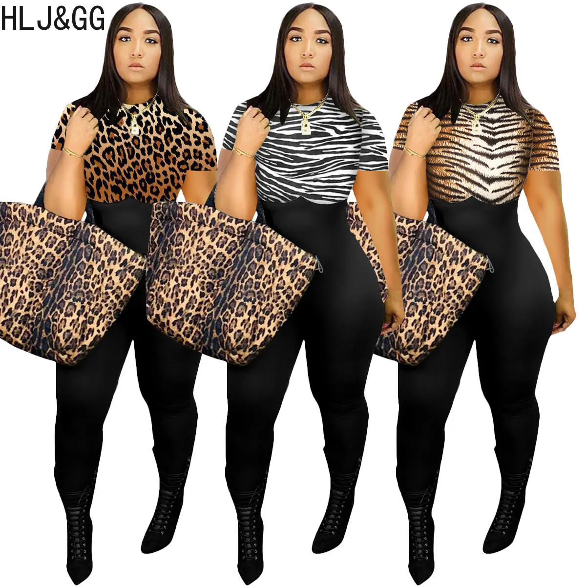 

HLJ&GG Sexy Leopard Print Bodycon Jumpsuits S-4XL Women Short Sleeve Slim Playsuits Casual Jogger Pants One Piece Overalls 2023