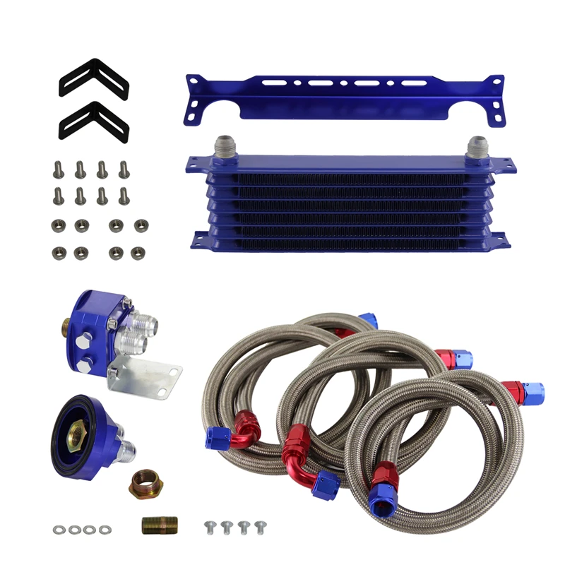 

7 Row 262mm AN10 Universal Engine Oil Cooler Trust Type + Filter Adapter Relocation Kit Black/Blue