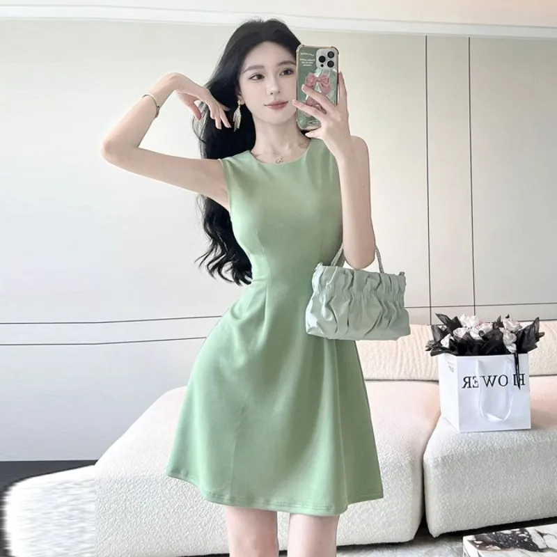 

Женское платье-трапеция с открытыми плечами без рукавов, однотонные платья с круглым вырезом, облегающие сексуальные платья с высокой талией, Прямая поставка