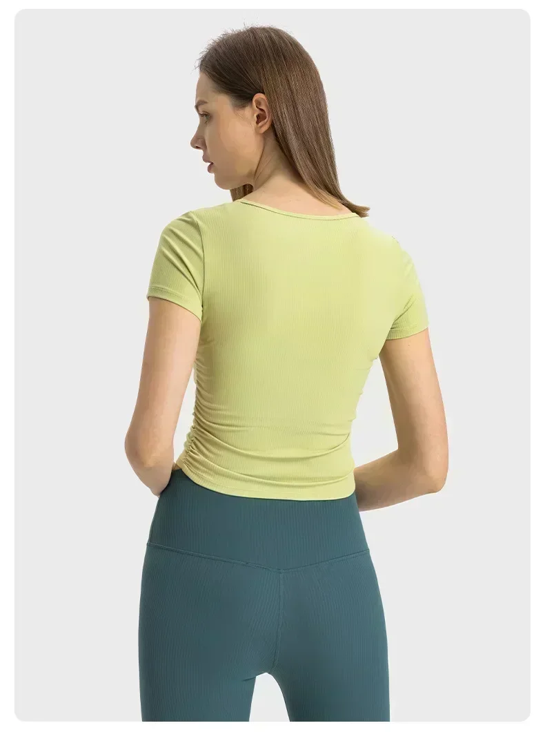 Лимонная женская спортивная рубашка с коротким рукавом в рубчик