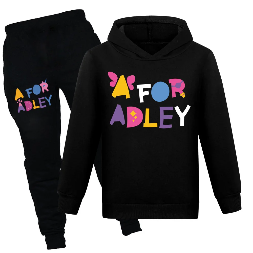 

Новинка, футболка с капюшоном для мальчиков, футболка A для девочек Adley + повседневные брюки, костюм, детская эксклюзивная одежда, комплект детской одежды