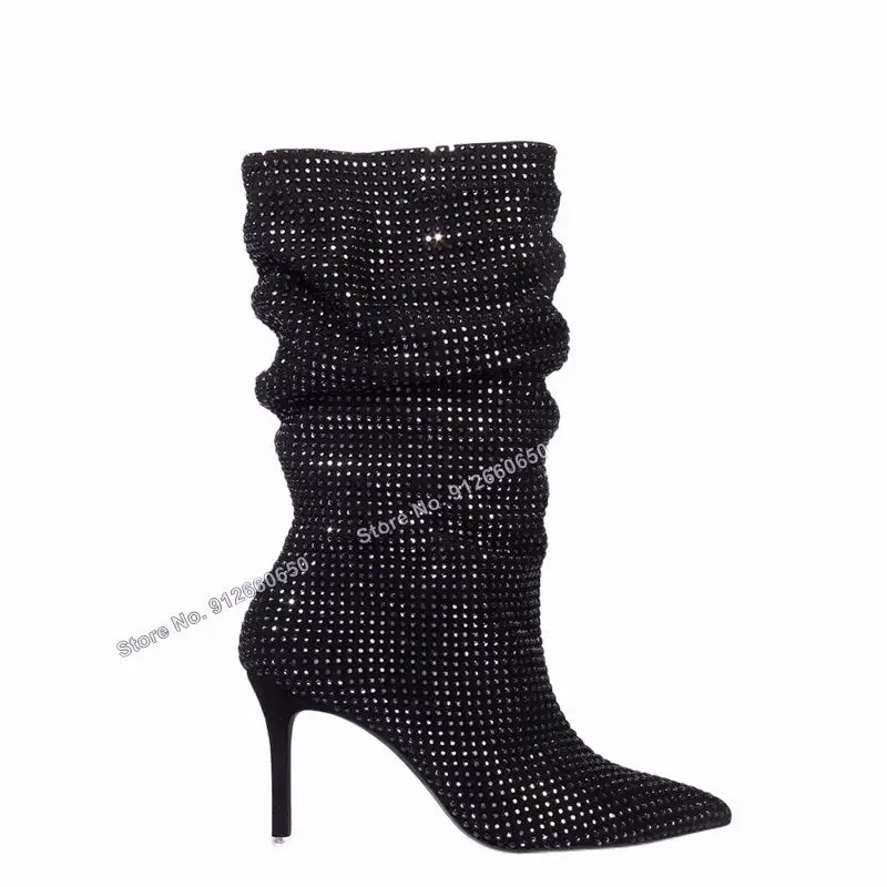 Moraima Snc Solid Pleated Black Crystal Boots for Women Mid Calf Boots Pointed Toe Stilettos High Heels Runway Shoes on Heels