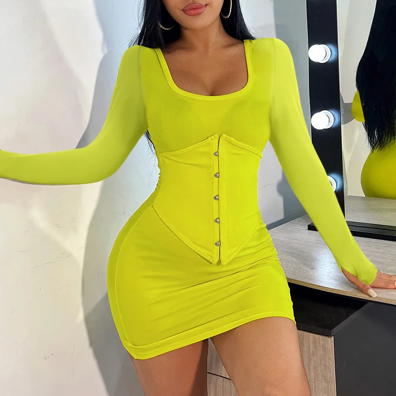 

Long Sleeve Waist Tied Short Dress Sexy Women's Fashion Elegant Party Street U-neck Solid Bodycon Dress