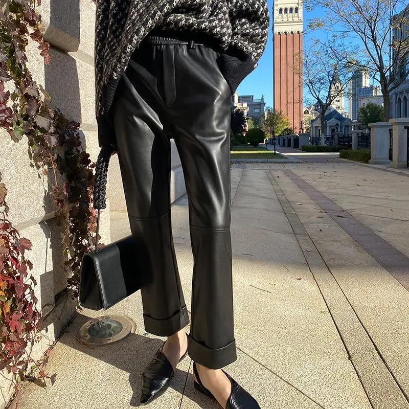 

Straight Leather Pants for Women Black Oversize Pu Leather Wide Leg Trousers Women's Pants 2021 Loose Ankle-Length Pants