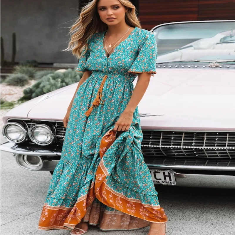 

Vintage Chic Fashion Women Floral Print V-neck Rayon Cotton Bohemian Maxi Dresses Ladies V Neck Tassel Summer Beach Boho Dress