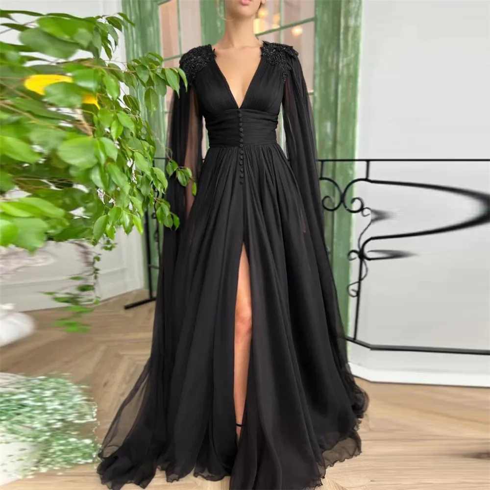 

A Line Black Chiffon Prom Beaded Appliques Long Cape Sleeves Evening Deep V-neck Slit Folding Formal Party Dress