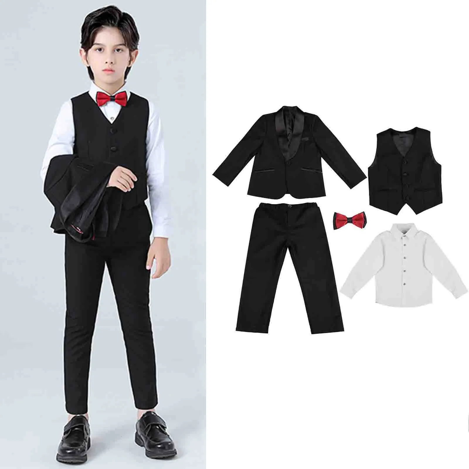 

Kids Toddler Boys Formal Suits Spring Autumn Long Sleeve Shirt Pants Coat Vest Solid 5PC Outfits Blazer Sets Boys 1-10 Years