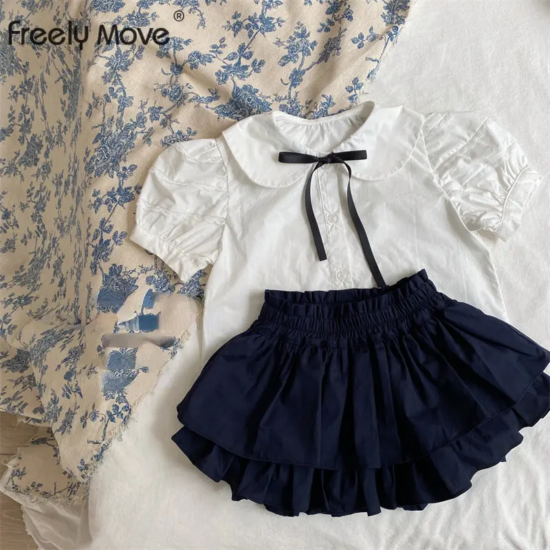 

2023 White Baby Girls Short Sleeve Blouse Preppy Style Shirt for Tddler Girl Lapel Bow Shirt Children Tops for Girls