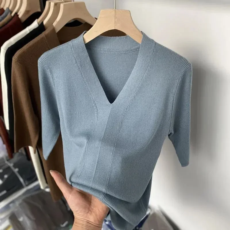 Женский свитер с коротким рукавом и V-образным вырезом полосатая трикотажная