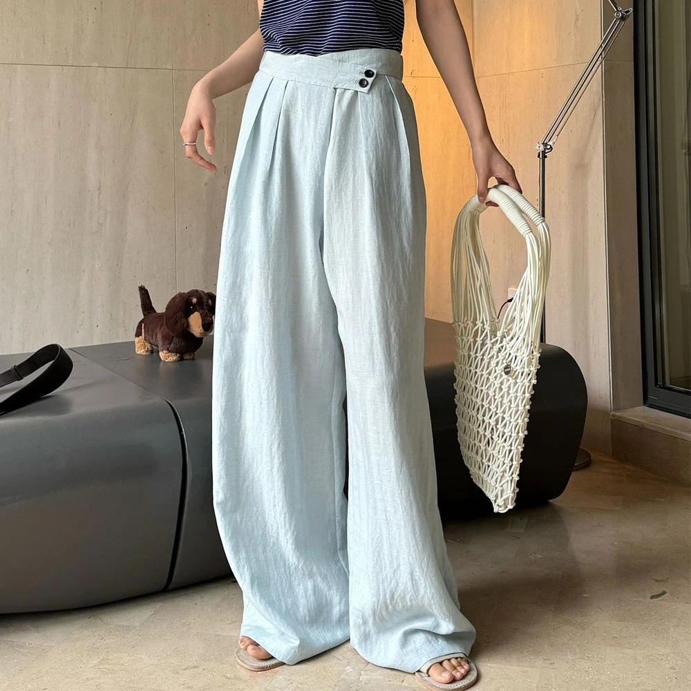 2024 женские прямые брюки с широкими штанинами длинные из хлопка и льна высокой