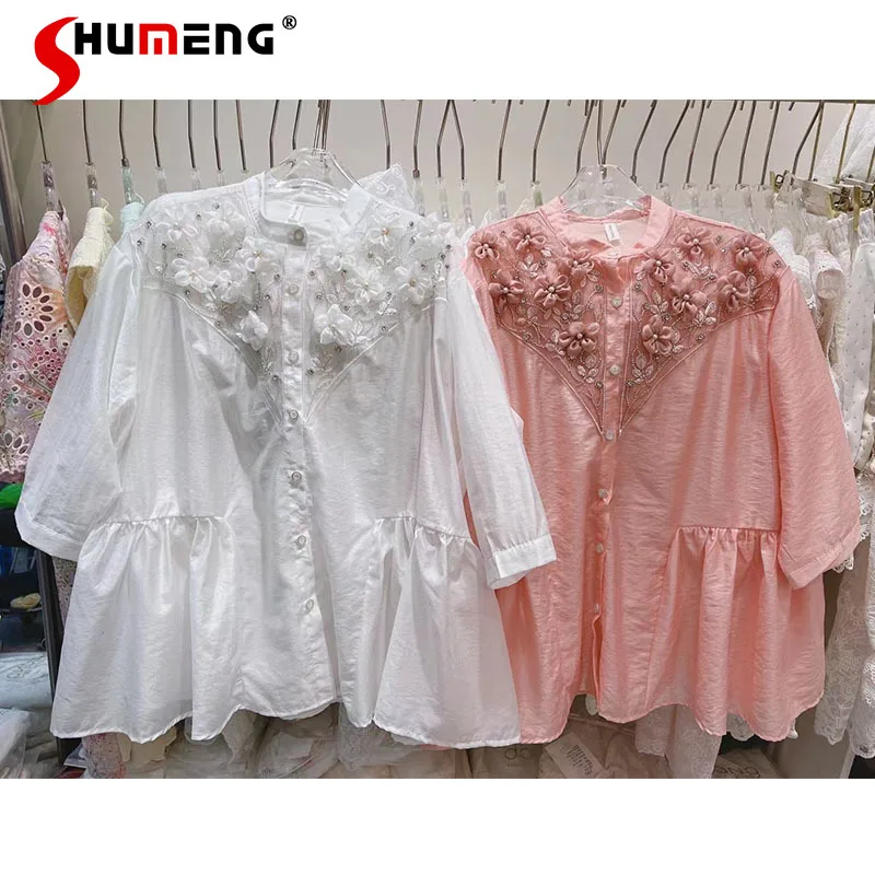 

European Fairy Exquisite Rhinestone 3D Flower Shirt Women 2022 Summer New Fashion Sweet Stand Collar Loose High Street Blusas