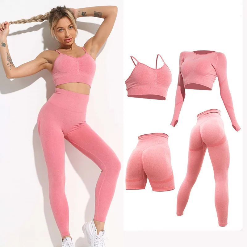 

2023Yoga Set Seamless Women Workout Sportswear abbigliamento da palestra Fitness manica lunga Crop Top Leggings a vita alta regg