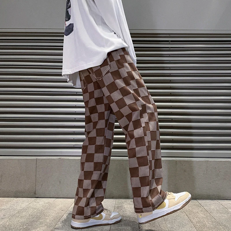 2022 Spring New Men's Brown Check Print Baggy Jeans Korean Fashion Streetwear Denim Straight Pants Male Brand Trousers