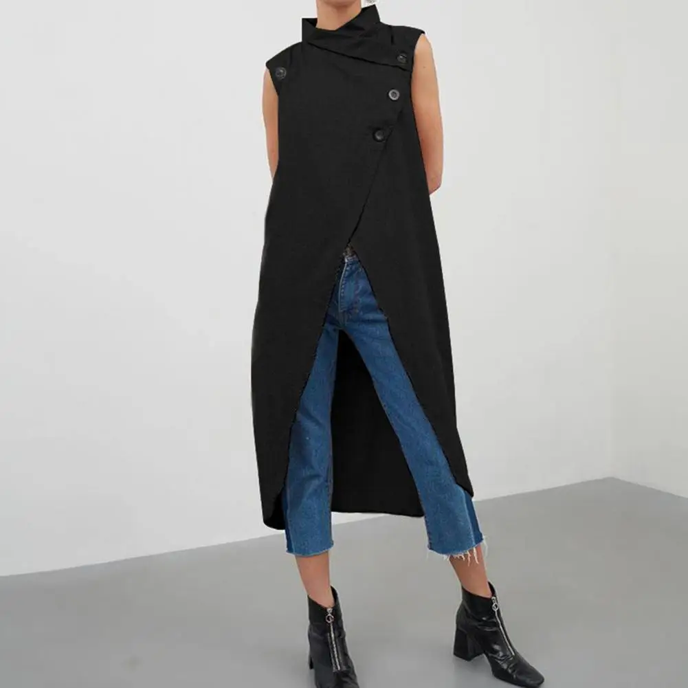 

Long Shirt Cross Asymmetrical Summer Solid Color Single Breasted Tunic Top Half High Collar Sleeveless Irregular Cardigan Top