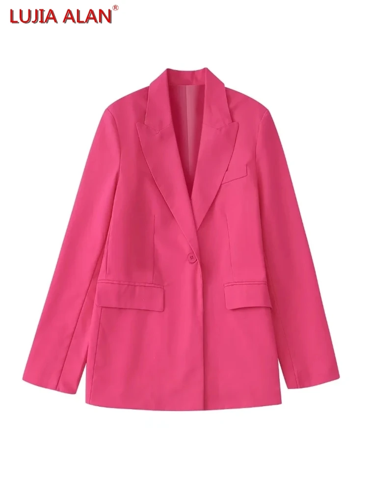 

Женский костюм на одной пуговице с карманами, летняя женская верхняя одежда с длинным рукавом, офисные топы свободного покроя, LUJIA ALAN C1376