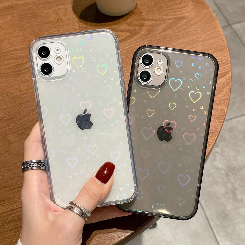 

Fashion Gradient Laser Love Heart Leaf Pattern Case For IPhone 13 11 12 Pro Max X XR 8 Plus SE 2020 Clear Cover With Hearts