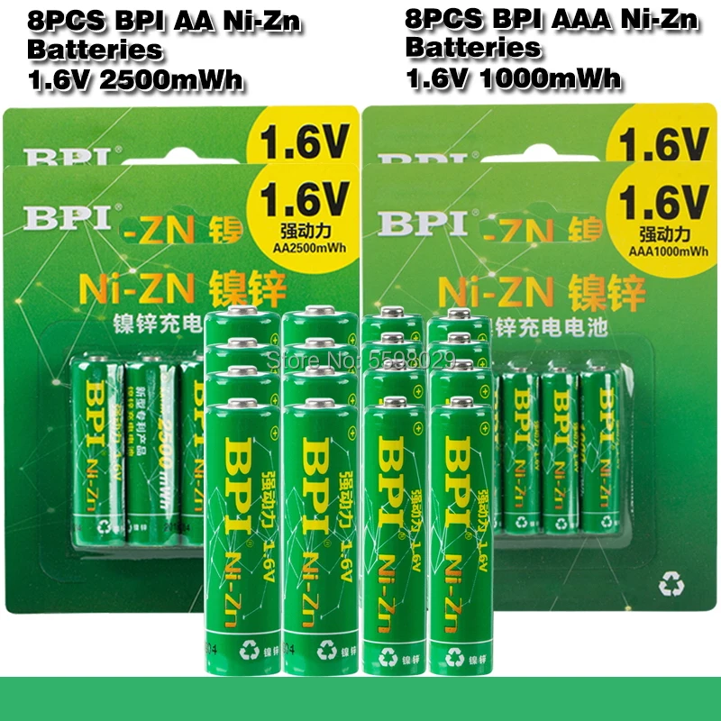 

BPI 8Pc/1card 1.6V 2500mWh AA Batteries+8Pcs/1card 1000mWh AAA Batteries NI-Zn AA/AAA Rechargeable Battery