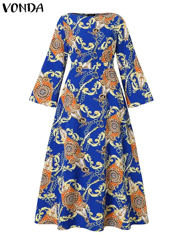 Plus Size 5XL VONDA Women Maxi Dress 2023 Summer Bohemian Flare Sleeve Printed Sundress Belted Casual Loose Pockets Vintage Robe