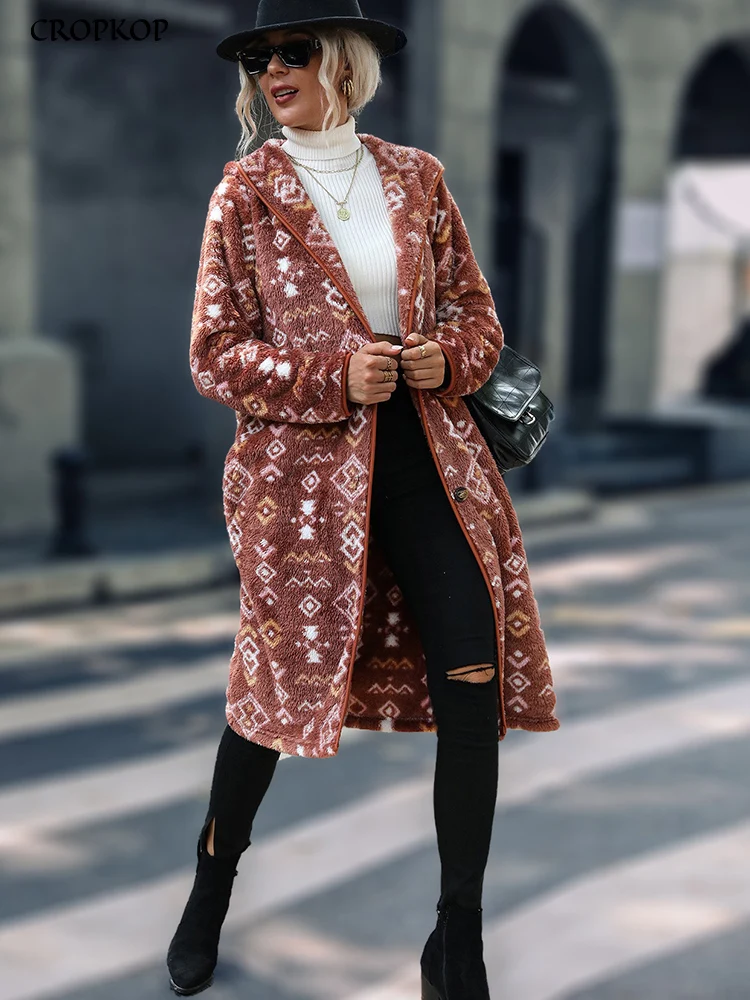 

Women Winter Warm Teddy Coat Double Sided Fleece Long Hooded Jacket Fluffy Plush Button Outerwear Female Loose Streetwear 2022