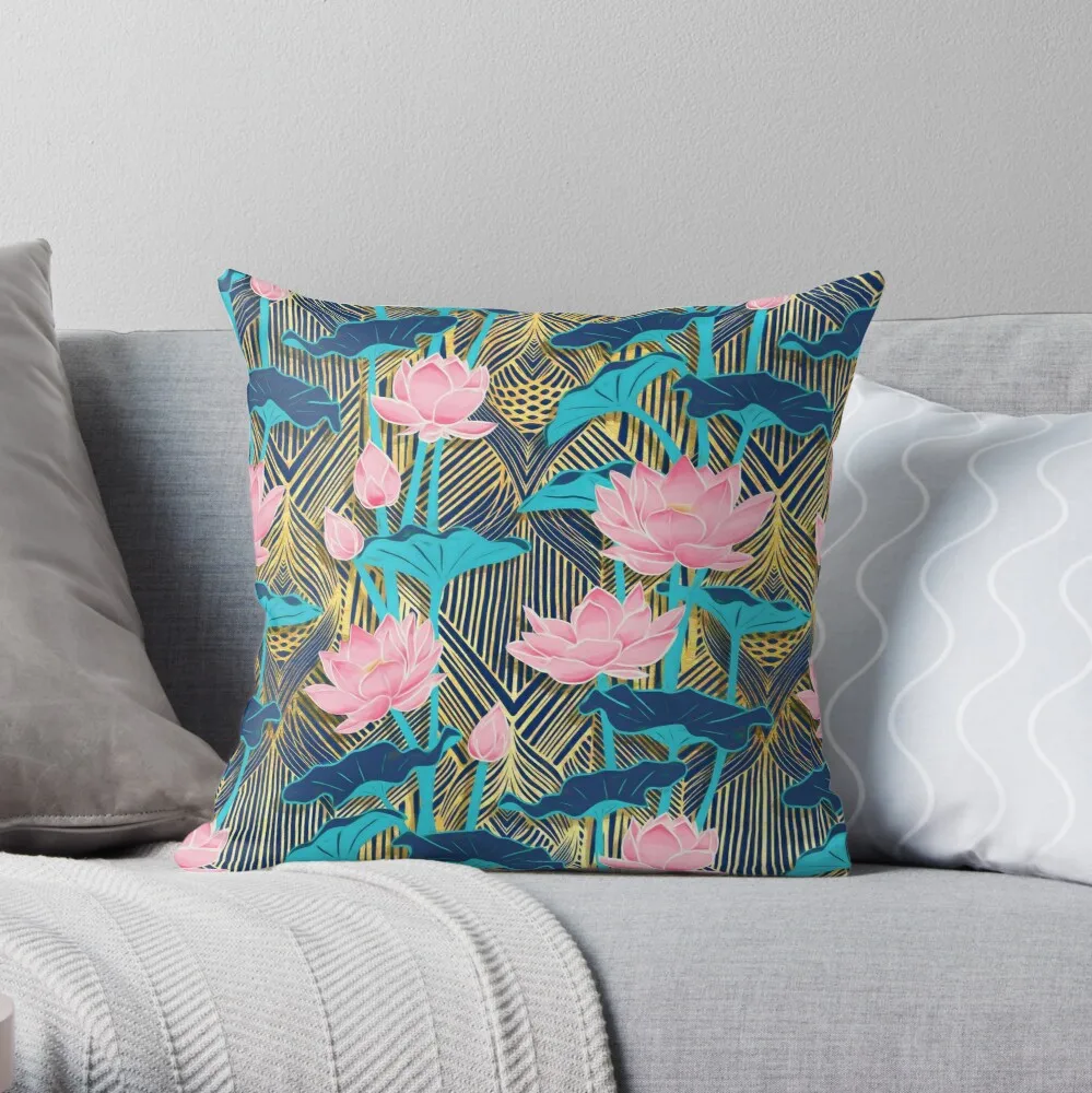 

Art Deco Lotus Flowers in Pink & Navy Throw Pillow Pillow Case Polyester Home Decora Pillowcases Throw Pillow Case