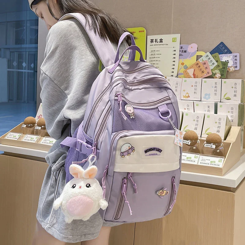 

2023 Nylon Waterproof Women Backpack College Style Pure Color Schoolbag For Teenage Girls Cute Casual Travel Backpack Bookbag