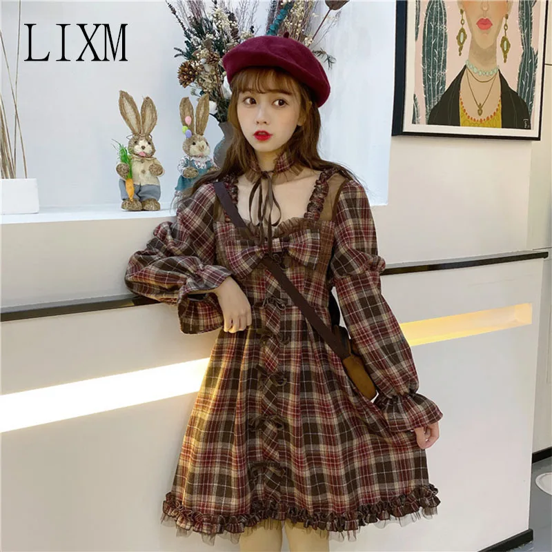 

Japanese Lolita Dress Cosplay Costume retro plaid wild daily light Lolita bow dress women spring new Mori Girl Ruffles Dress