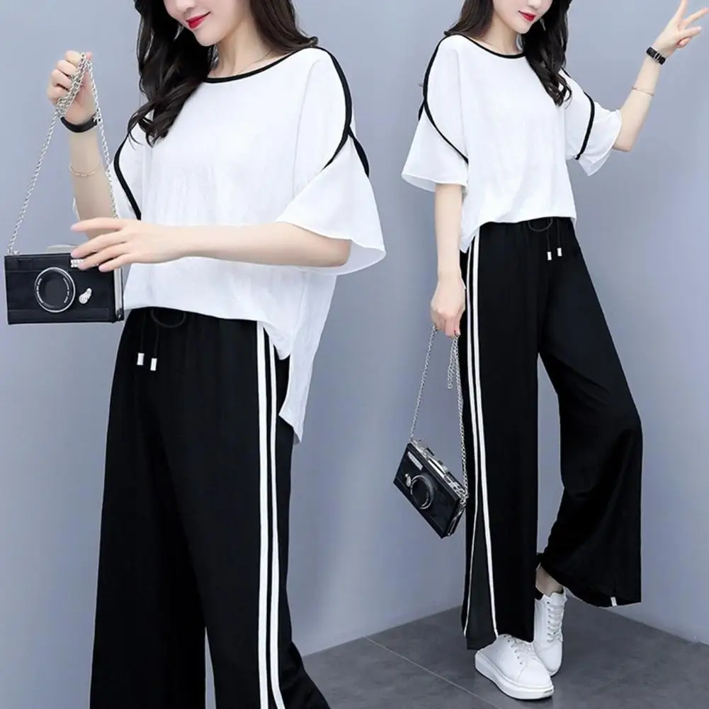 

2Pcs/Set Popular Top Pants Set High Waist Mesh Stitching Casual Outfit Casual T-shirt Long Wide Leg Pants Outfit