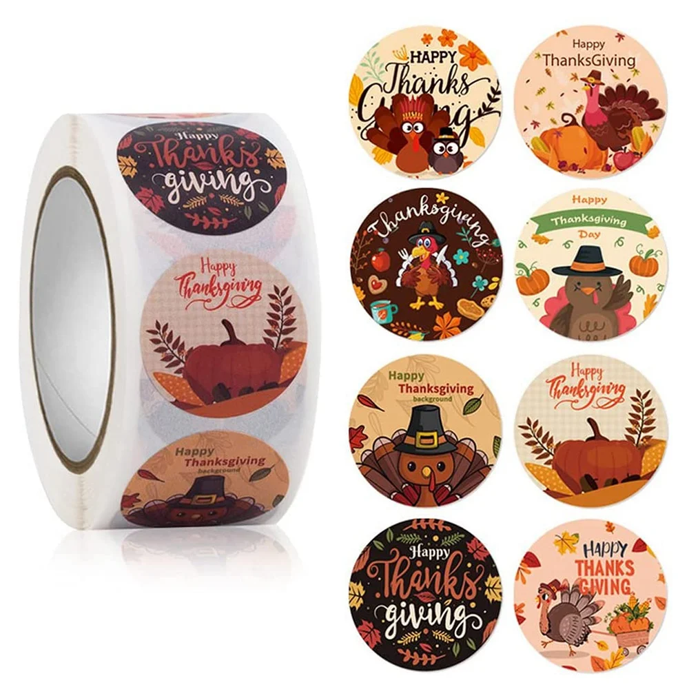 

1000Pcs 1 Inch 8 Pattern Thanksgiving Day Stickers Roll Turkey Stickers for Thanksgiving Party Favors Supplies