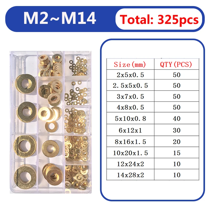 

Brass Flat Washer Set 325pcs M2 M3 M4 M5 M6 M8 M10 M12 M14 Brass Plain Washer Flat Gasket Fastener Pure Copper Ring for Screw