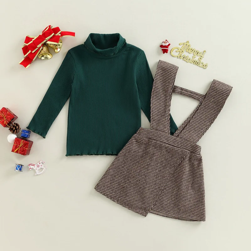 

Toddler Kids Autumn Spring Outfit Green Long Sleeve High Neck Ribbed Tops+Suspender Skirt Set Baby Girls Fashion Casual Clothes