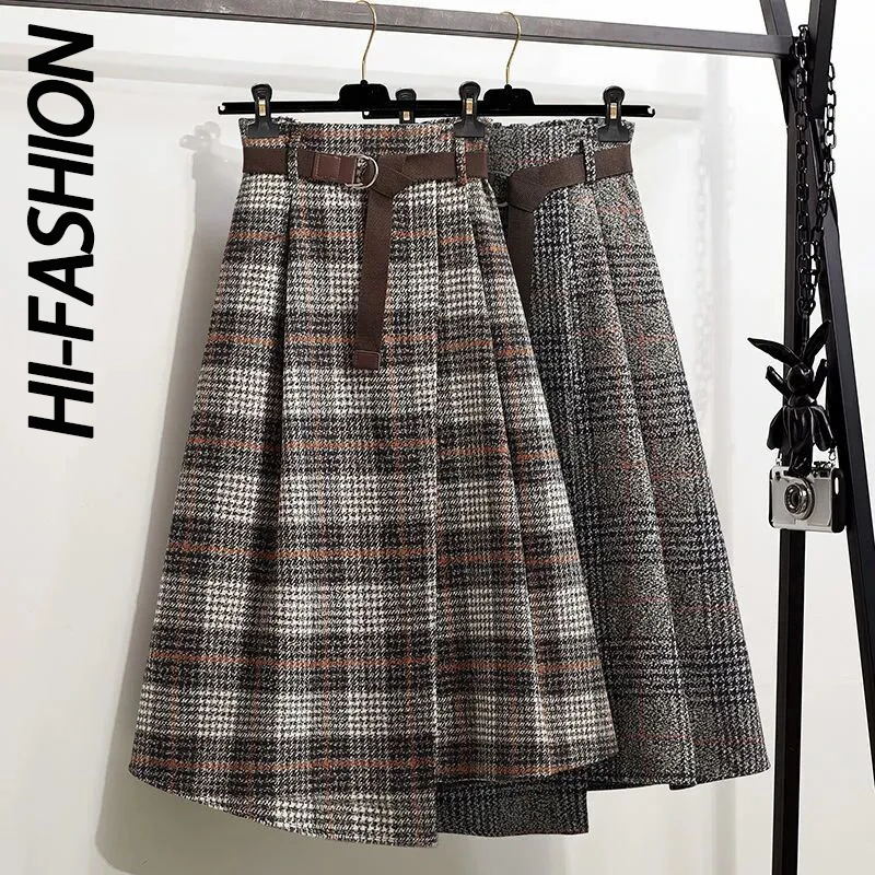 

HI-FASHION Autumn Women Plaid Irregular Wool Midi Skirts Pleated Sashes England Style Vintage Warm A-Line Long Skirt