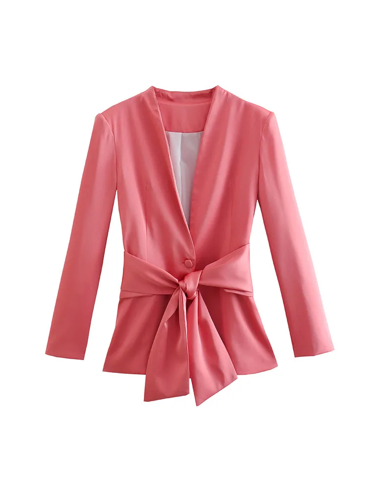 

BM&MD&ZA 3357685 Women's 2022 Fall New Fashion Belt Satin Blazer Retro Pocket Long Sleeve Women's Chic Coat 3357685