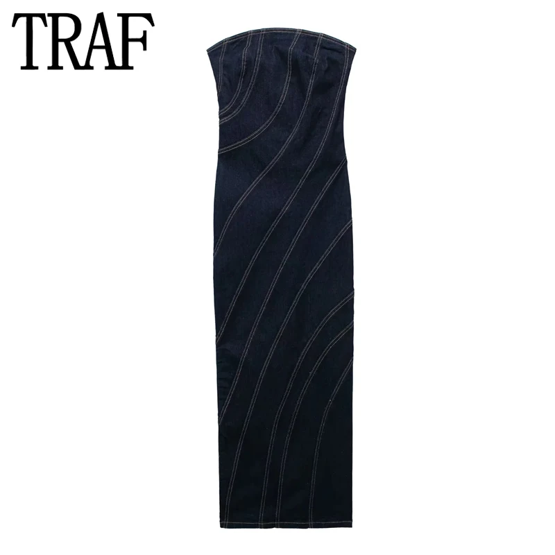 

TRAF Off Shoulder Denim Corset Dress Woman Sleeveless Bodycon Long Dress Women Summer Topstitching Backless Sexy Party Dresses