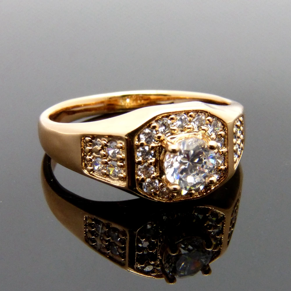 

Men Ring Round Cut Cubic Zircon 9K Yellow Gold Filled Classic Men's Jewelry Finger Band Size 10 Gift