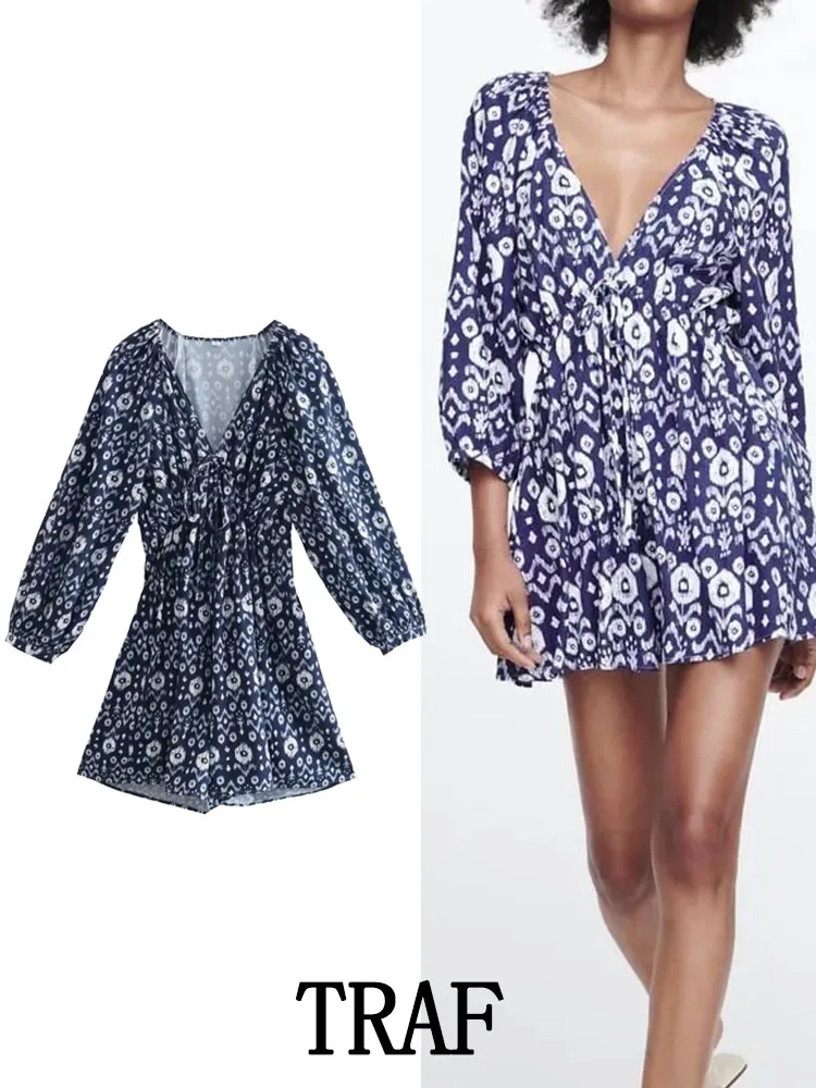 

Женское летнее платье с принтом, V-образным вырезом и длинным рукавом