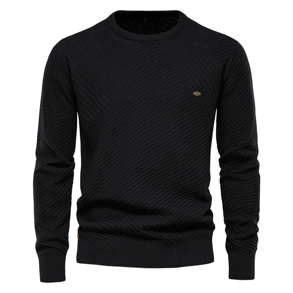 Solid Color Cotton Men's Sweater Striped O-Neck Knitted Pullover for Men Casual High Quality New Winter Sweater Men