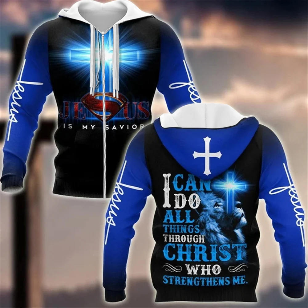 

CLOOCL Blue Color Jesus Zip Hoodies Jesus Is My Savior All Over Printed Hoodie 3D Graphic Sweatshirt Casual Sportswear