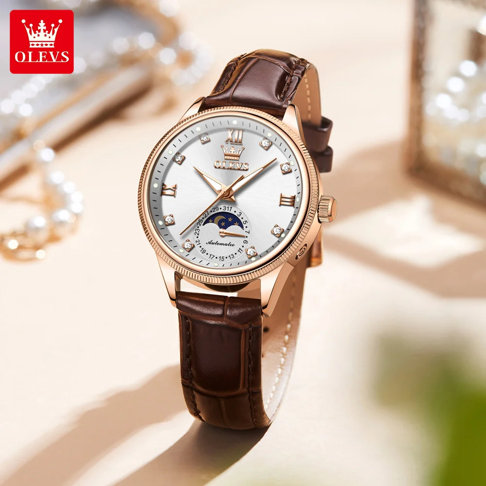 OLEVS оригинальные брендовые модные механические часы с фазой Луны элегантные