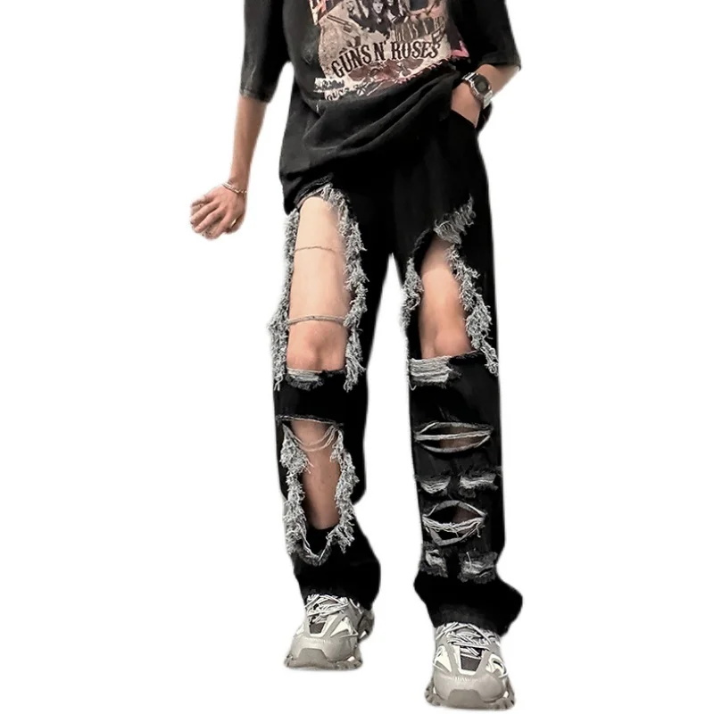 Summer Black Baggy Jeans Men Fashion Retro Straight Hole Jeans Men Streetwear Hip-hop Loose Ripped Denim Pants Mens Trousers