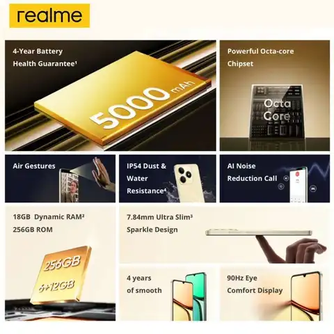 Смартфон Realme C61, 6/1ГБ, 6/128ГБ, 6ГБ/1ТБ, 8/1ГБ, 8/128ГБ, 8/256ГБ, 8ГБ/1ТБ, global, Восстановленный
